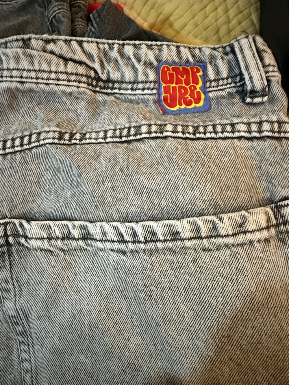 Empyre Light Wash Gray Denim Men’s Shorts with Retro Logo Patch. Long shorts.